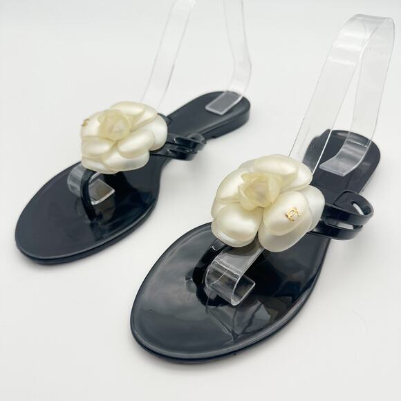 Chanel Camellia Flower Rubber PVC Thong Flip Flop Sandal Black 40 Flat Summer - Picture 2 of 10